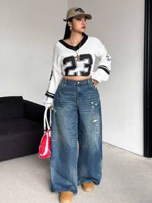 Dripcurv Plus Size Loose Fit Ripped Blue Wide Leg Casual Boyfriend Jeans Fashion Solid Retro Washed Baggy High Waist Winter Street Cool Style Streetwear Jeans Women Homecoming Fall Jeans - Blue - View 3