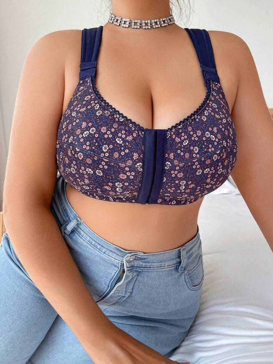 1pc Front Button Closure Plus Size Wireless & Unlined Bra - Multicolor - View 1