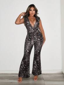 Zolique Women's Sexy Deep-V Neck Leopard Print Sleeveless Flared Jumpsuit - Multicolor - View 1