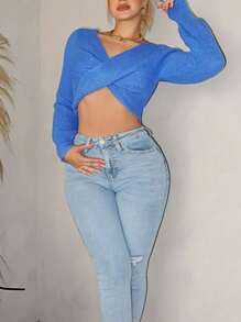 Zolique Women's Sweater, Women's Cropped Top, Knitted Blue Long Sleeved V-Neck, Twisted Chest, Sexy Slim Fitting Party, Autumn And Winter Seasonal Women's Clothing  Fall Outfit - Blue - View 4