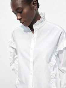 Maija 1 件女式纯色荷叶边单排扣长袖休闲衬衫，秋季 - 白色 - 查看 1