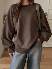 1 pieza Sudadera de mujer de unicolor, cuello redondo, corte holgado, forrada térmicamente, ropa de otoño - Café integral - Ver 6