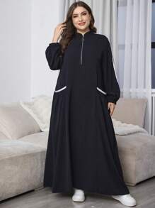 Al Najma 大码休闲大口袋拉链舒适宽松黑色长裙超长女装 - 黑色 - 查看 1