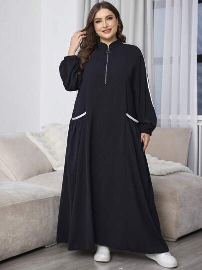 Al Najma 大码休闲大口袋拉链舒适宽松黑色长裙超长女装