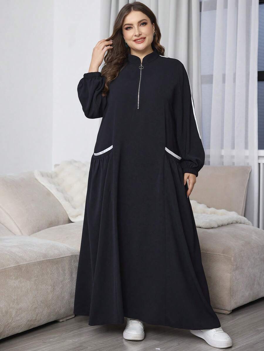 Al Najma 大码休闲大口袋拉链舒适宽松黑色长裙超长女装 - 黑色 - 查看 1