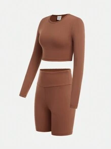 SHEIN 2pcs/Set Teen Girls' Matched Sports Crew Neck Long Sleeve Top And Shorts Co-Ord Sportswear