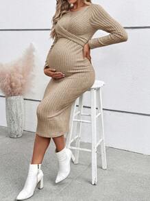 SHEIN Maternity Casual Solid Ribbed Crossed Front Long Sleeve Knit Dress, Suitable For Autumn/Winter - Khaki - View 2