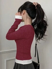 DAZY Women V-Neck Lace And Bow Splicing Contrast Color T-Shirt,Back To School Clothes Long Sleeve Women Tops,Fall Women Clothes - Burgundy - View 4