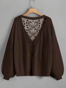 Celure 大码休闲拼布刺绣网眼插肩落肩宽松开衫 - 棕色 - 查看 2