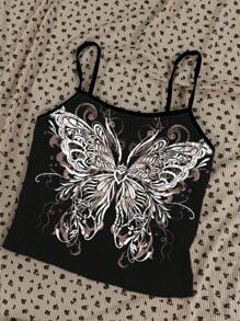 SHEIN EZwear Vintage Butterfly Scroll Print Positioning Sexy Slim Camisole Tank Top For Women, Summer - Multicolor - View 3