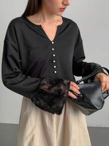 FRIFUL 女士对比色蕾丝 V 领前纽扣长袖 T 恤 - 黑色 - 查看 6