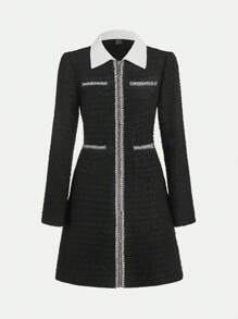 SHEIN MOD 1 pieza Abrigo de mujer elegante con cuello vuelto y bloqueo de color de manga larga, adecuado para otoño e invierno, abrigos largos de mujer, abrigo negro, chaquetas de otoño para mujer, abrigo tipo trinchera para mujer, abrigo de invierno para mujer, abrigo largo