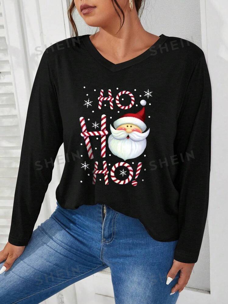 SHEIN LUNE Plus Size Christmas Santa Claus Pattern Fashion Simple Solid V Neck Long Sleeve Shirt For Women Summer Autumn For Spring Outfit SHEIN USA