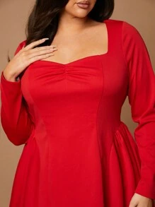 SHEIN BAE 大码女式优雅荷叶边连衣裙，红色，甜美迷人，长袖，高腰 A 字形，适合秋冬季节，适合返校、生日派对和日常穿着 - 紅色 - 查看 7