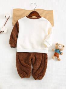 Cozy Pixies 2 件装男婴卡通熊图案拼色插肩圆领套头衫和慢跑裤套装 - 咖啡棕 - 查看 2