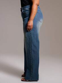 MUSERA 大码高腰水洗牛仔裤，适合街头风、休闲风、酷女孩风、Y2K风、2000年代风冬季穿着。 - 棕色 - 查看 4