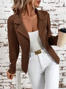 SHEIN Clasi 1pc Women Elegant Lapel Waistline Faux Suede Jacket In Fall/Winter - Coffee Brown - View 7