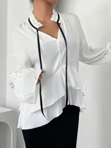 INAWLY Women's Elegant Tie Collar Drop Shoulder Long Sleeve Ruffled Hem Blouse, Spring Autumn Fall Cloth For Women