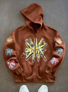 PAVTROS Manfinity Streetrush Men's Graphic Print Front Zipper Casual Hoodie Sweatshirt,Graphic Sweatshirt,Boy Friend Gifts,Funny Graphic Men Sweatshirt,Brown Sweater