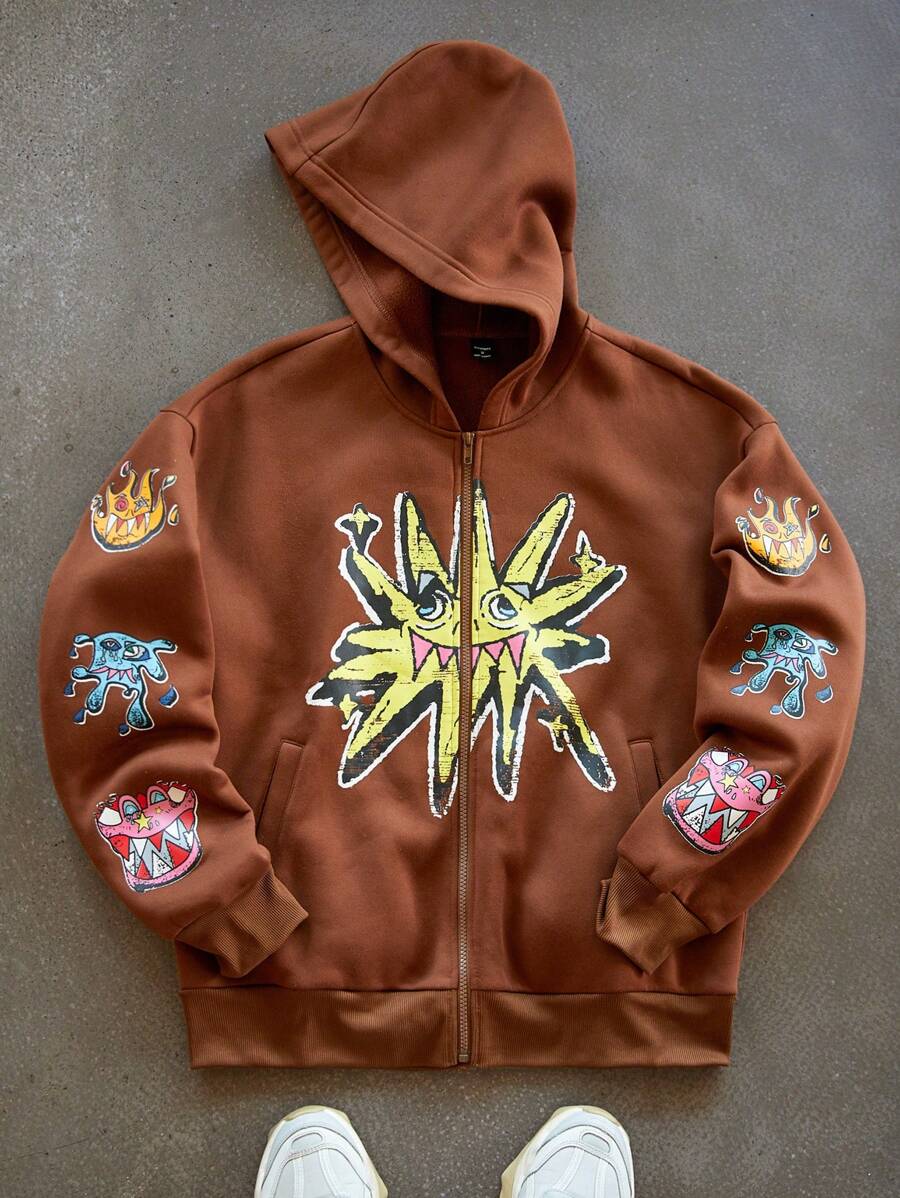 PAVTROS Manfinity Streetrush Men's Graphic Print Front Zipper Casual Hoodie Sweatshirt,Graphic Sweatshirt,Boy Friend Gifts,Funny Graphic Men Sweatshirt,Brown Sweater