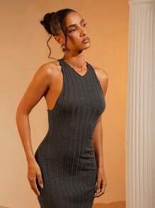 Hauture 工字背开叉大腿紧身罗纹针织毛衣连衣裙