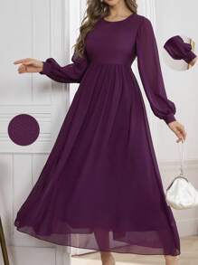 Modelyn Women Loose Chiffon Modest Long Sleeve Dress - Violet Purple - View 1
