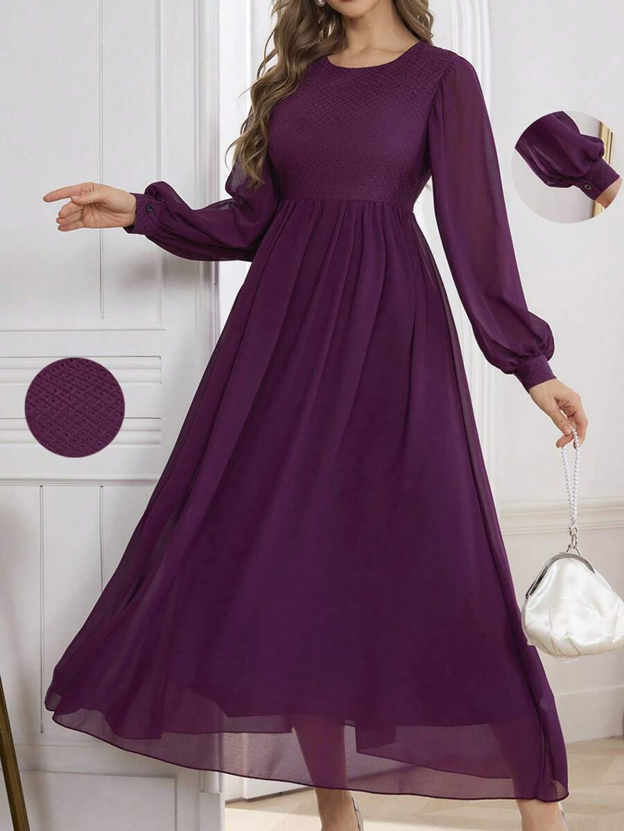 Modelyn Women Loose Chiffon Modest Long Sleeve Dress - Violet Purple - View 1