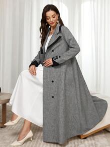 Modelyn 女士编织纯灰色拼接翻领纽扣长袖 A 字形大衣 - 灰色 - 查看 1