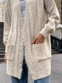 EURMUSE Casual Solid Color Dual Pocket Fringe Cardigan, Autumn/Winter - Beige - View 8