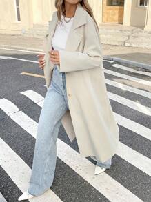 SHEIN Frenchy Women's Casual Lapel Dropped Shoulder Long Sleeve Single-Breasted Long Trench Coat For Autumn,Women Button-Up Short Collar Trench Coat,Prom Ball/Uni/Halloween/Patterned Sweater/Patch/Schoolwear For Women/Halloween Sweater/Essentials/Christmas/Women's Office Attire/Basic/Cute,For Autumn & Winter Brown