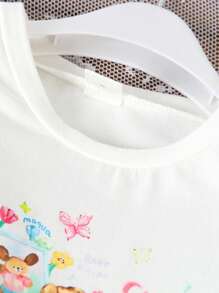 SHEIN 2 件套可爱卡通熊印花短袖上衣和格子长裤，年轻女孩休闲夏季服装 - 綠色 - 查看 4