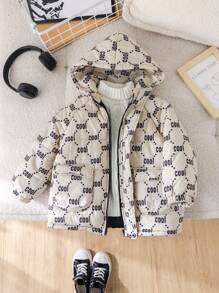 1pc Young Boy Casual Allover Print Padded Coat,Thick Warm Mid-Length Quilted Coat,Winter,Career Day,Back-To-School,Daily Wear,School,Outings,Sports - Black - View 10