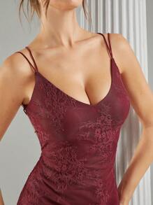 SHEIN Unity 1 件纯色蕾丝拼接露背吊带无袖连衣裙 - 酒紅色 - 查看 6