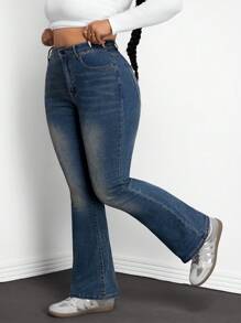 SHEIN ICON Plus High Waist Bleach Wash Flare Leg Jeans - Dark Wash - View 4