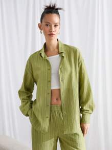 Manfinity VCAY 2 Pieces Set: Men's Loose Fit Drop Shoulder Collared Long Sleeve Casual Shirt Outfit, Suitable For Autumn - Army Green - View 4