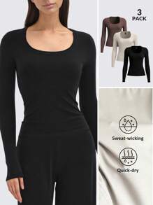 SHEIN BASICS 3 stuks/set dames casual effen kleur geribbelde ronde hals slim fit lange mouwen T-shirts