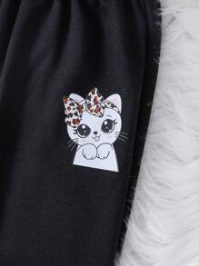 SHEIN Bộ 2 áo nỉ dày giản dị cho bé gái có họa tiết mèo dễ thương và quần nỉ, thích hợp mặc ngoài trời vào mùa thu/đông, ấm áp và thoải mái - Nhiều màu - Xem 4