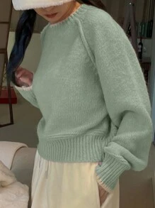 DAZY Áo len dài tay cổ tròn rộng rãi phối màu cho nữ - màu xanh lá - Xem 3