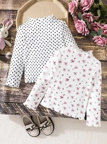 SHEIN 2 件装少女碎花立领荷叶边修身休闲 T 恤套装 - 彩色 - 查看 1