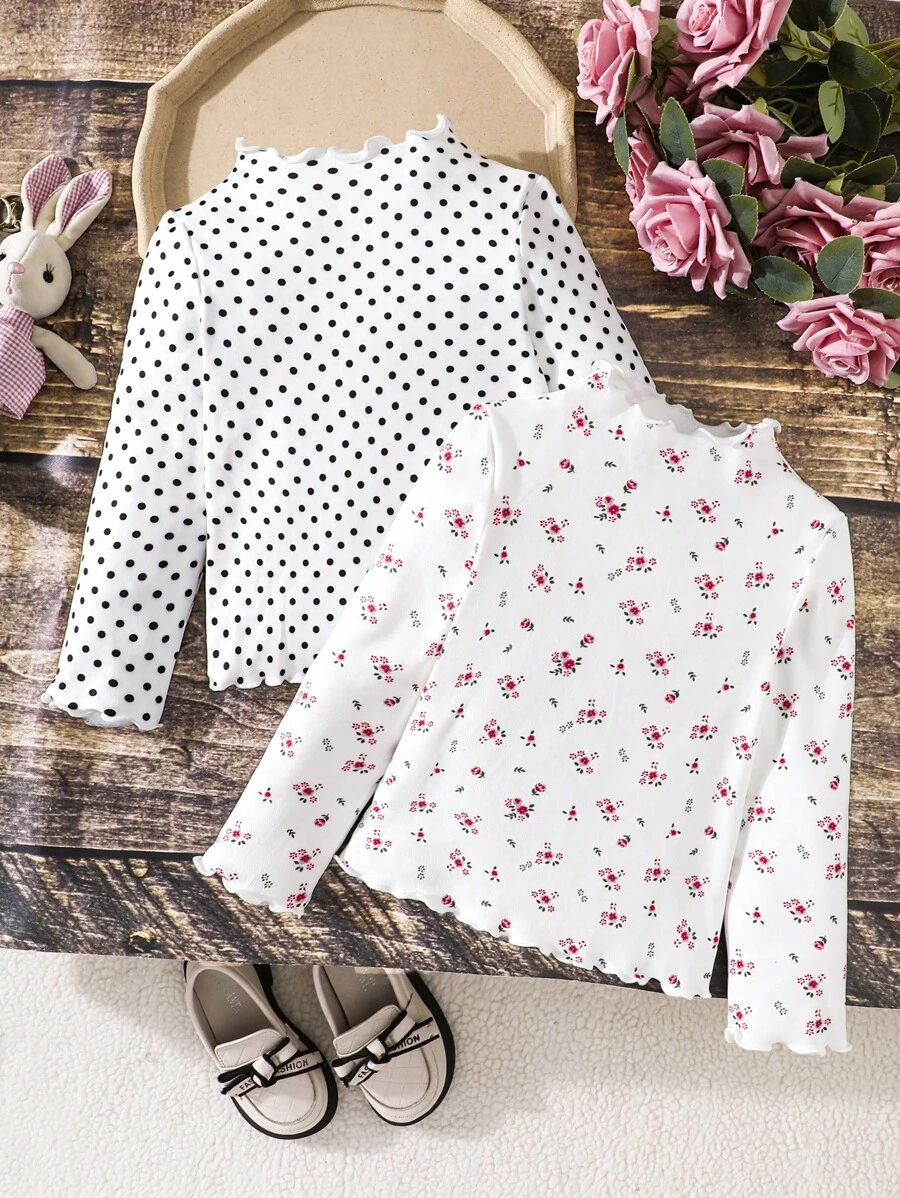 SHEIN 2 件装少女碎花立领荷叶边修身休闲 T 恤套装 - 彩色 - 查看 1