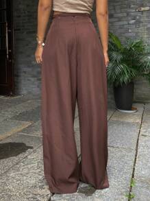 Livesso Old Money Women's Casual Solid Color Loose Wide Leg Pants With Drawstring And Zipper Fall - Coffee Brown - View 2