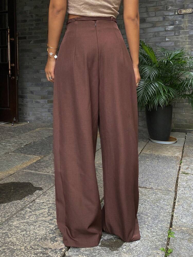 Old Money Women's Casual Solid Color Loose Wide Leg Pants With Drawstring And Zipper Fall