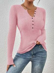 SHEIN Essnce 秋季休闲纯色半扣长袖修身毛衣 - 粉色 - 查看 3