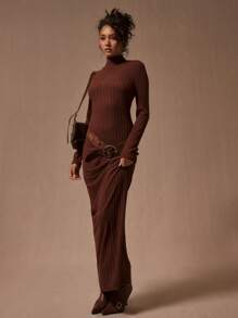 MUSERA High Neck Long Sleeve Ribbed Maxi Dress Elegant Spring Vacation Summer Going Out - Chocolate Brown - View 1