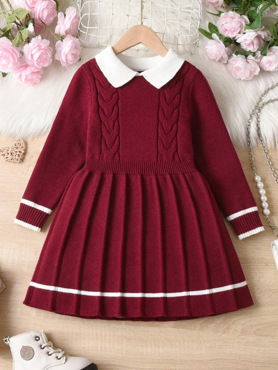 Elladie kids 年轻女孩海军蓝针织连衣裙,学院风海军蓝和白色拼色,适合各种场合,居家、旅行、学校、秋冬季新品 - 酒紅色 - 查看 1