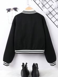 Tween Girls' Black & White Ribbed Long Sleeve Silver Rhinestone Four-Button Hem Jacket - Black - View 2