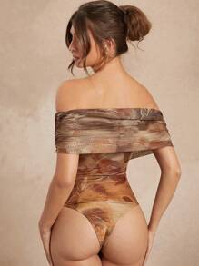 L'Amorae Abstract Floral Print Fold Over Sleeveless Bodysuit - Brown - View 4