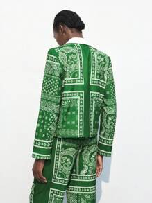 Maija 女式秋季时尚佩斯利印花撞色翻领西装外套 - 綠色 - 查看 4