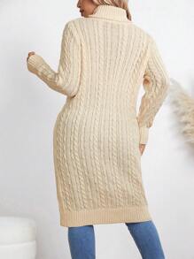 SHEIN LUNE 大码纯色高领开衩长袖休闲套头毛衣针织衫秋冬款 - 米色 - 查看 2