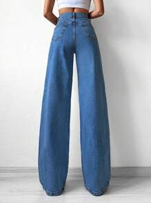 SHEIN Cottnline High Waist Wide Leg Jeans - Medium Wash - View 2